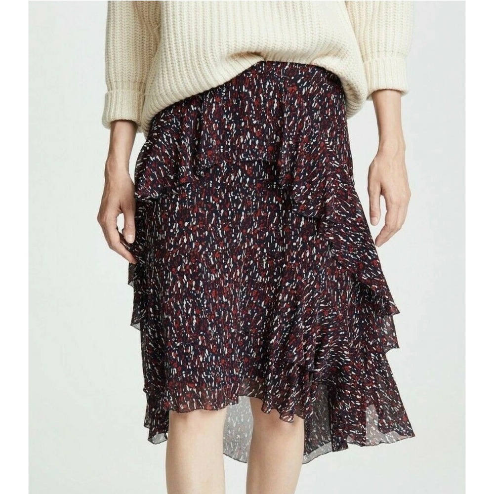JoieTiered Ruffle Chiffon Midi Skirt Navy Red Abstract Print High-Low Asymmetric